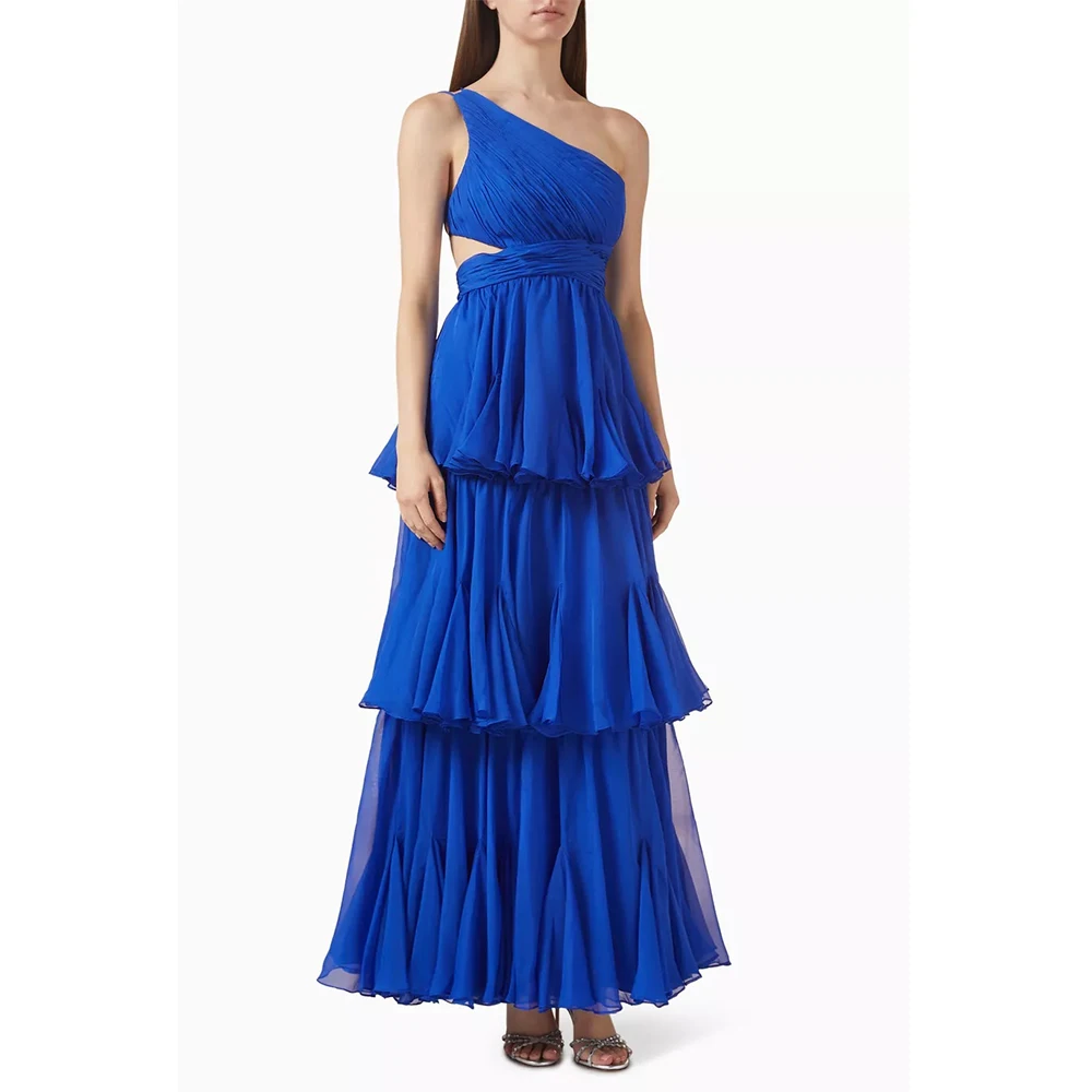 

DRESS FORU Blue Elegant Evening Dresses Chiffon for Ankle-Length One-Shoulder Prom Dress Tiered Vestidos De Fiesta Customized
