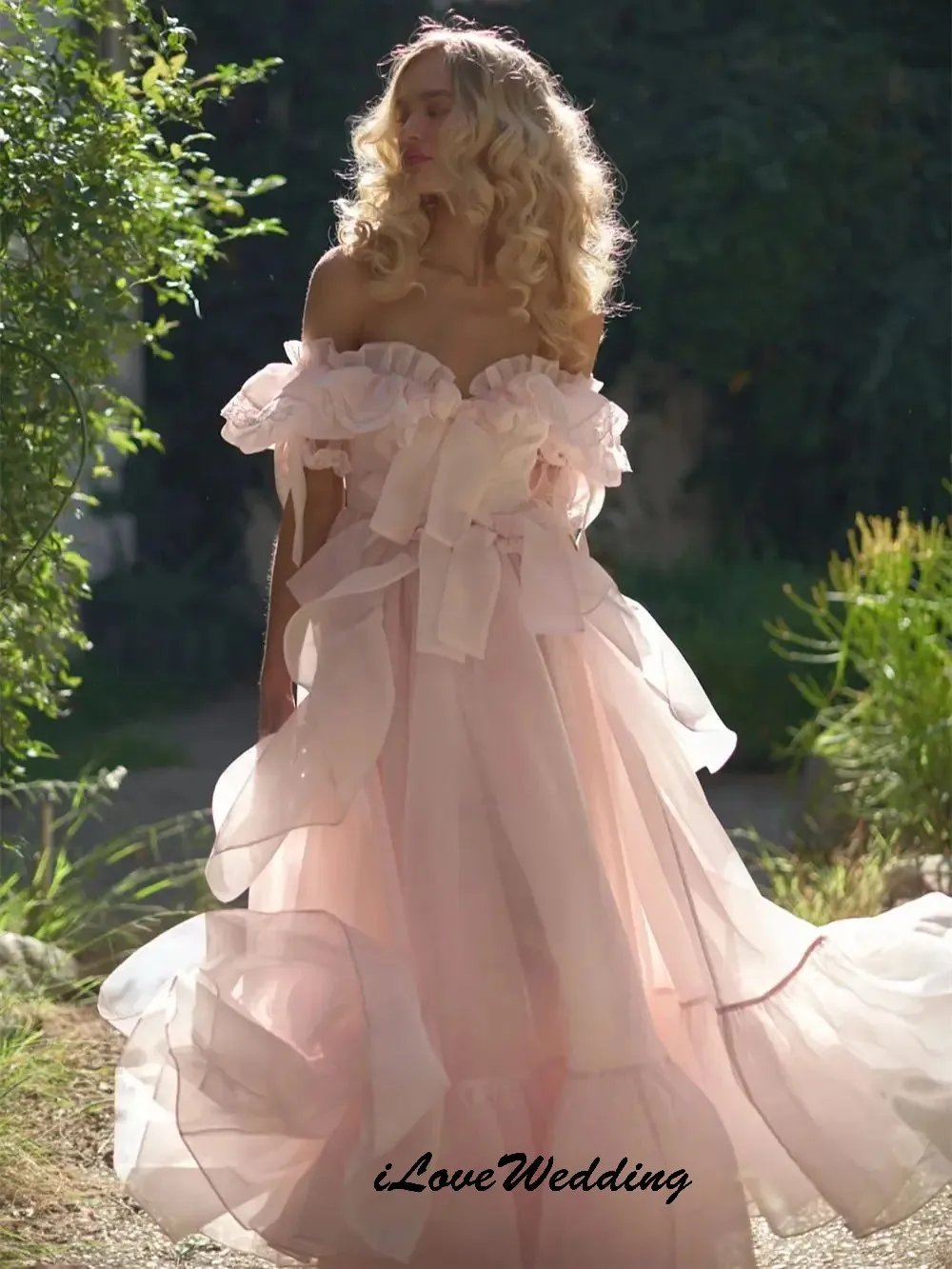 

Pink Chiffon Off The Shoulder Prom Dresses A-Line Princess Dress V-Neck Elegant Women Party Dress Ruffles Maxi Dress Customized