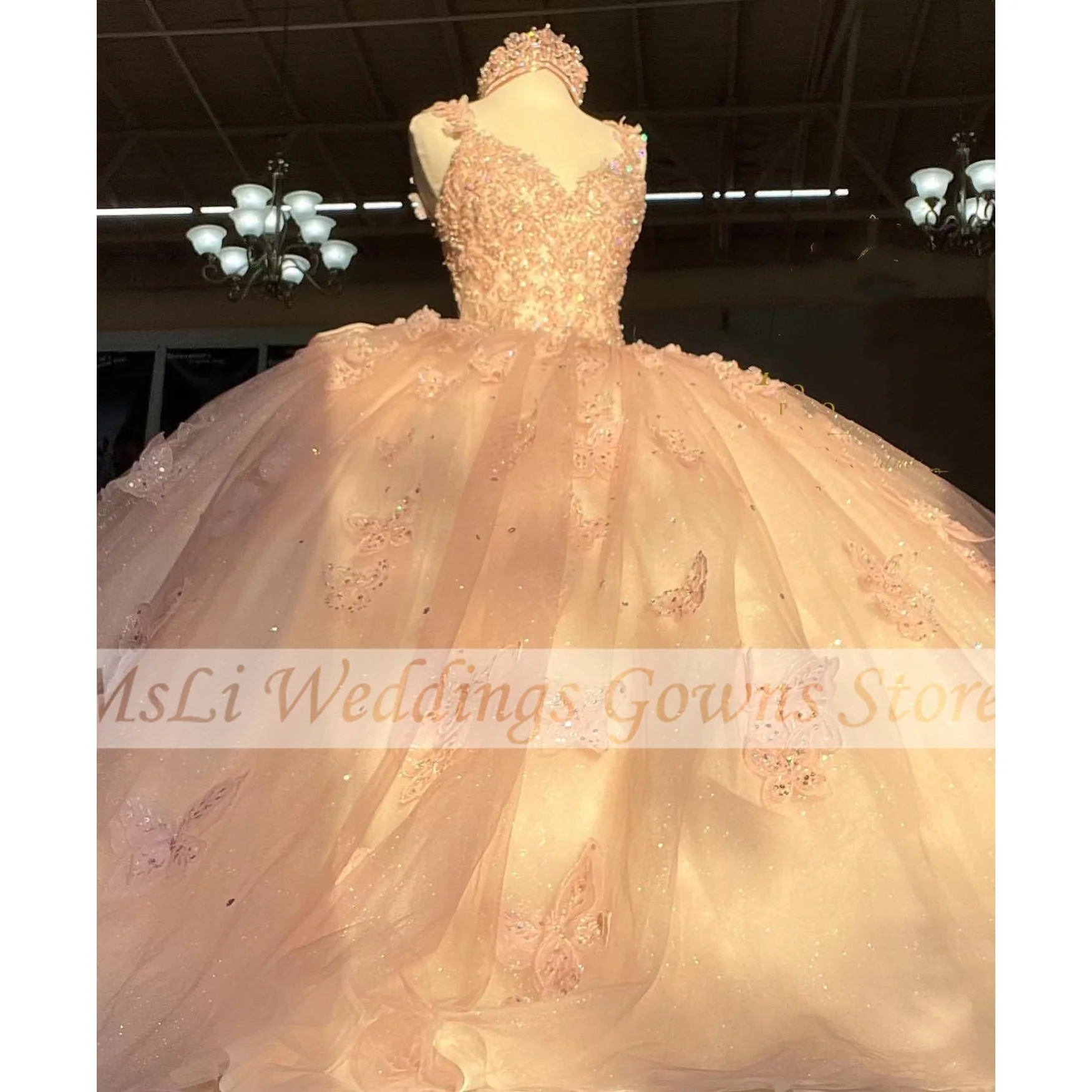 Süße Rosa 15 Quinceanera Kleider Ballkleid Für 16 Mädchen Perlen Pailletten Appliques Ärmel Geburtstag Party Prom Kleid