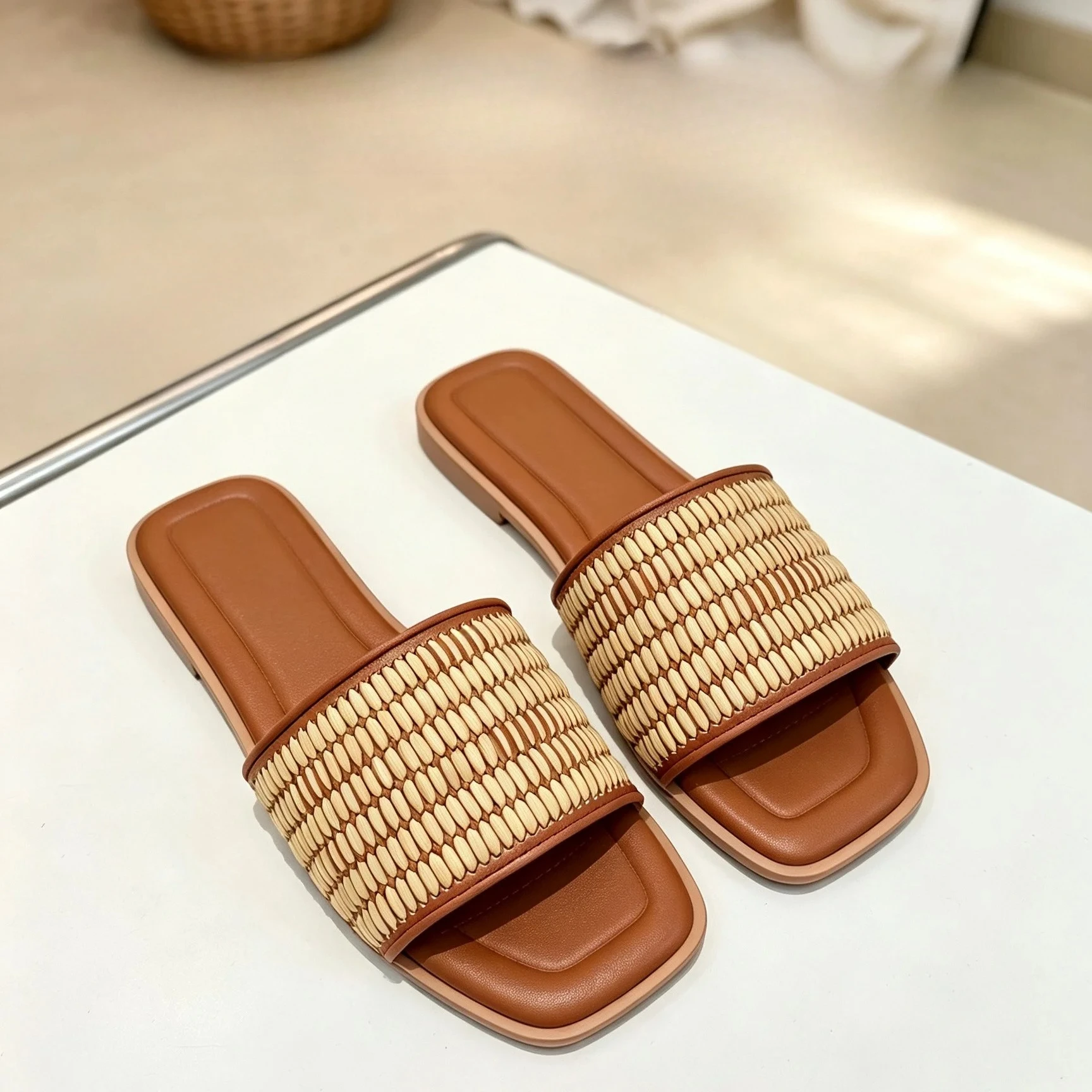 Street Fashion Brand - Luxury Fashion Women's Slippers, Raffia Open-Toe