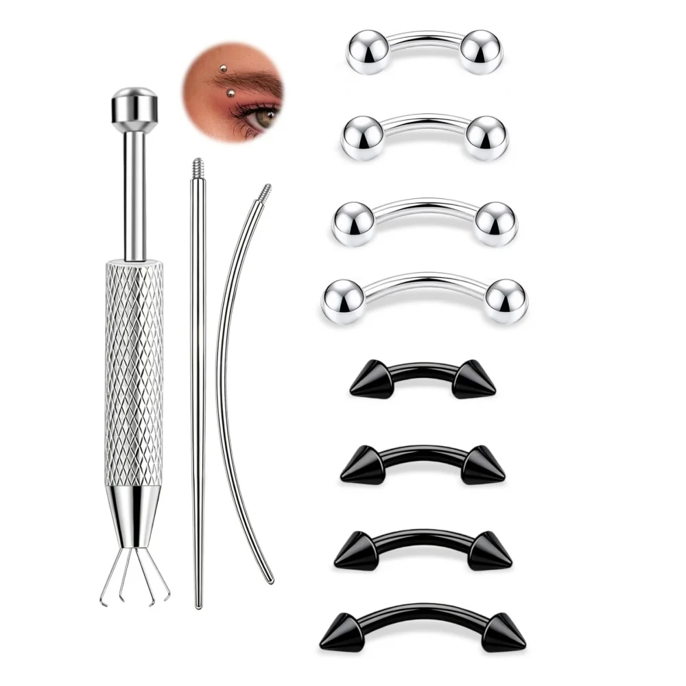 11Pcs 16G Curved Barbell Piercing Set 316L Stainless Steel Eyebrow Lip Body Jewelry With Install Tool Threading Needle 6‑12mm