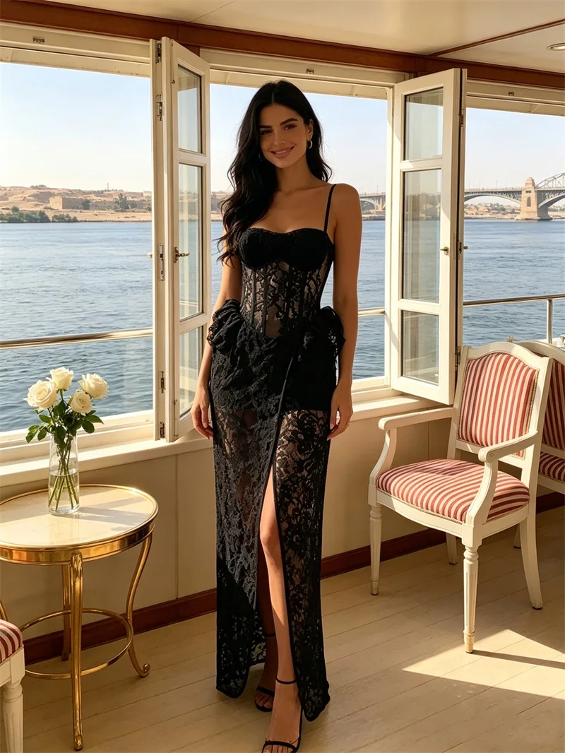 

Sexy Black Lace Prom Dress Corset Stripe Sleeveless Side Split Long Sheath Party Gown Casual Beach Holiday Guest Birthday Robe