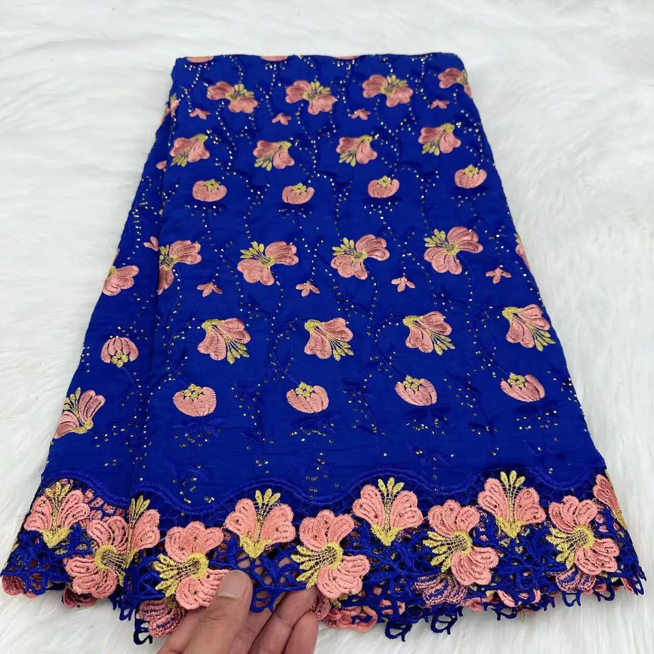 

Royal Blue Embroidery Cotton Fabric for Sewing Swiss Luxury Elegant Lace High Quality 2024 Party Dress Material 5Yards for Women