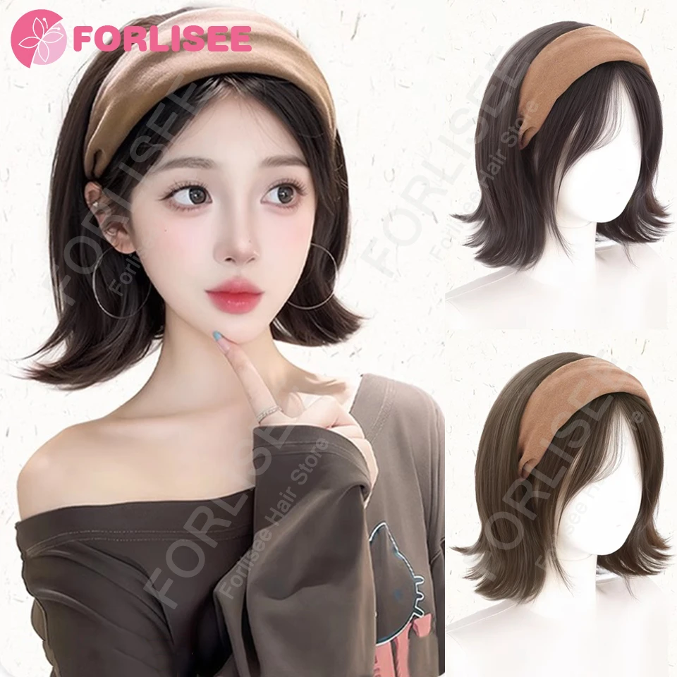 

Коричневый, черный синтетический парик с повязкой на голову, короткий вьющийся парик, натуральное термостойкое волокно, подходит для женщин, съемная повязка на голову для ежедневного использования