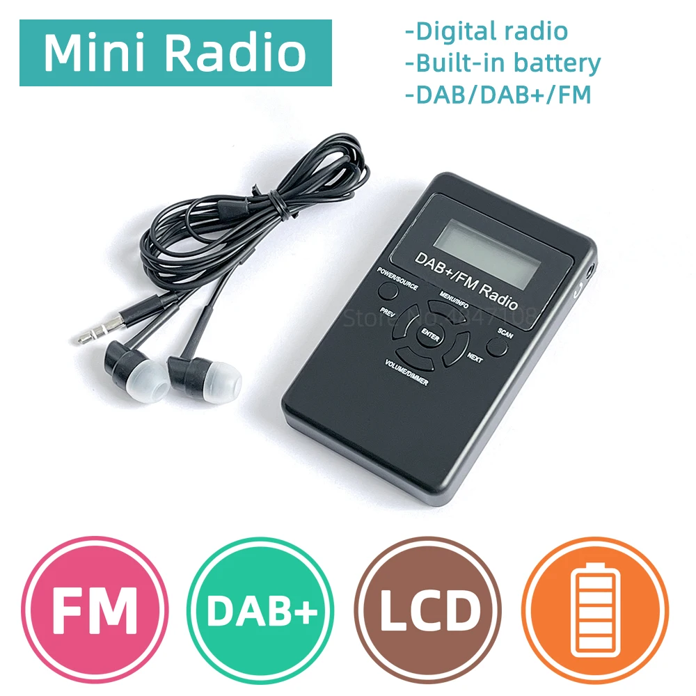 Portable Radio Mini Pocket FM DAB+ Digital Display Stereo Receiver Backlit Screen Rechargeable Battery Earphone Support Clock