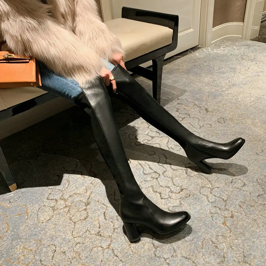 Qutaa 2024 über dem Knie hohe Stiefel für Frauen quadratische High Heel schlanke lange schwarze Stretch hohe Stiefel Damenschuhe Frau Größe 34-39