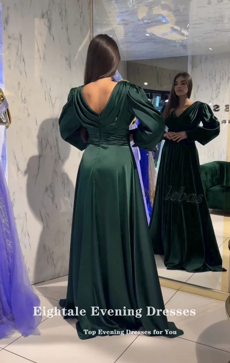 Eightale Dark Green Evening Dresses V-Neck Long Sleeves A-Line Pleats Floor Length Prom Party Gown Wedding Vestidos De Gala