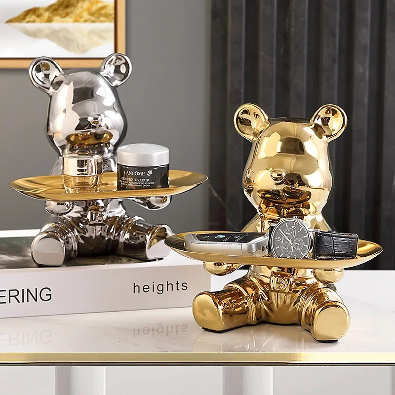 

Bear Statue Cosmetic Storage Tray Nordic Home Decor Living Room Table Decoration Snacks Storage Tray Decoration Crafts