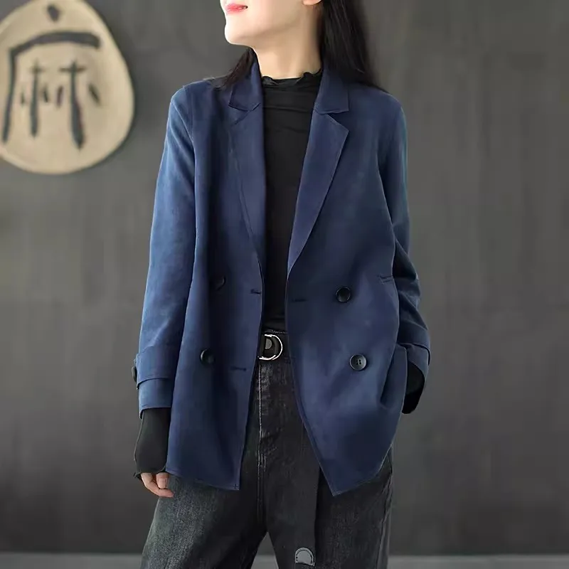 Suit Collar Deerskin Velvet Coat Women 2024 New Spring And Autumn Korean Fashion Double-Breasted Loose Long-Sleeve Jacket W418