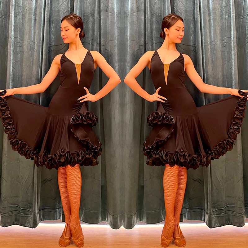 Luipaardprint Dansjurk Volwassen Mouwloos Open Rug Sexy Jurken Vrouwen Rumba Cha Cha Prestaties Outfit Latin Stadium Slijtage 1770