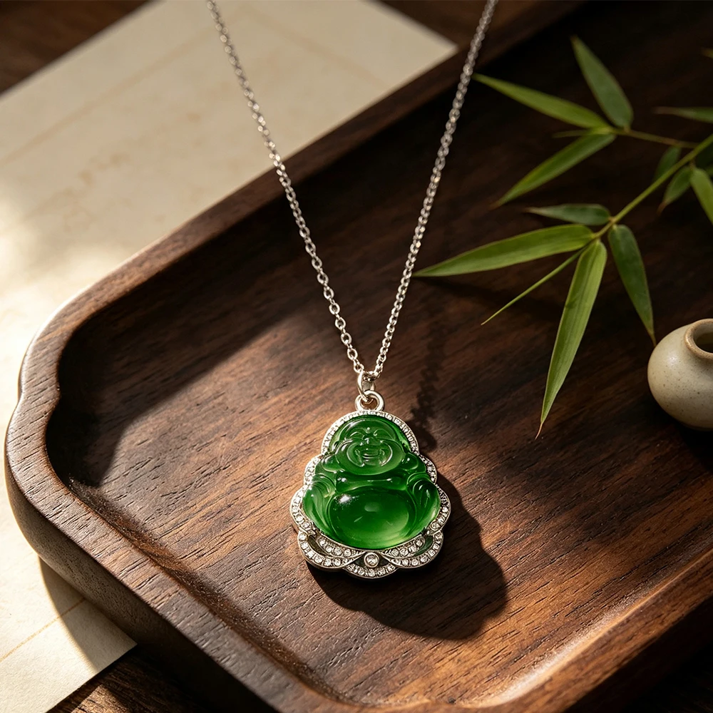 Imitation Green Jade Maitreya Buddha Necklace for Women, Silver Diamond-Encrusted Buddha Pendant, Chinese Style Clavicle Chain Gift