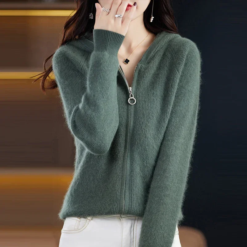 WinvyNee Mink Cashmere Women Sweater Hooded Cardigans with Zip Warm Solid Casual Pullover Outerwear Plus Size Winter B 1248019