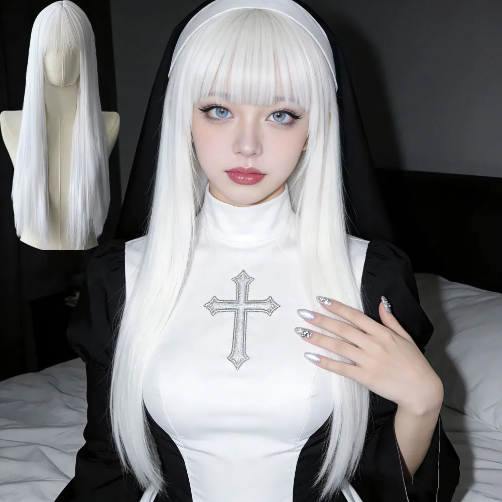

26-inch white synthetic wig for long straight hair, Halloween cosplay costume party wig, high-temperature hairpiece