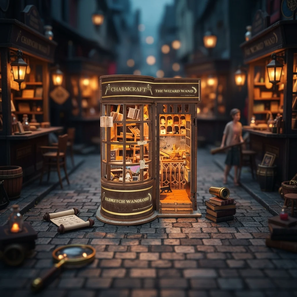 مجموعة OUZEY 3D Vintage Wizard's Shop Book Nook DIY - نموذج متجر سحري مصغر مع تماثيل، هدية ديكور رف الكتب للبالغين