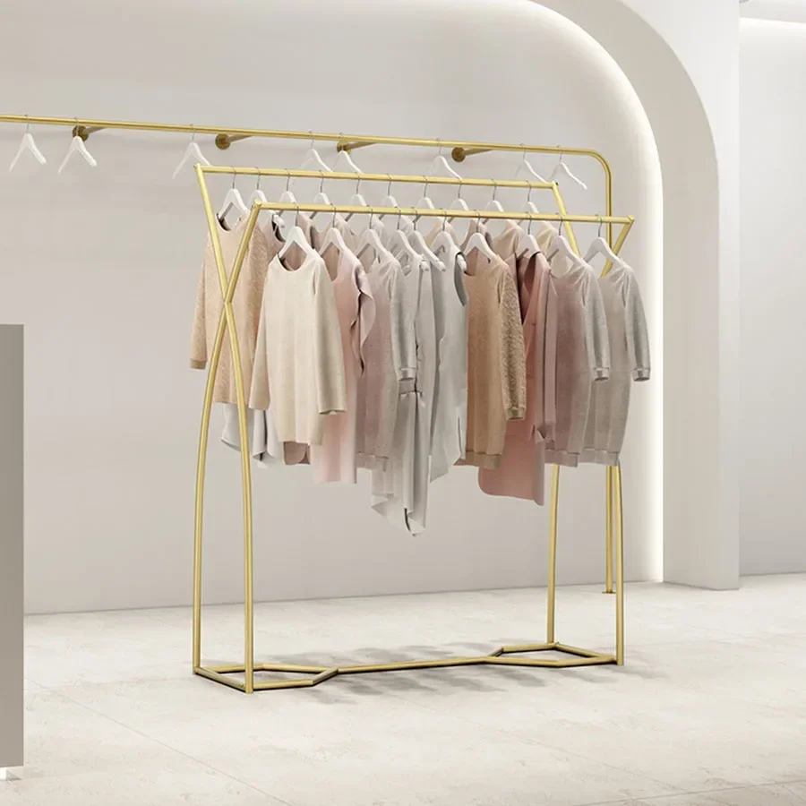

For Rows Cloth Racks Golden Display Minimalist Store Organizer Business Clothes Hanger Commercial Crochet Indoor Furniture