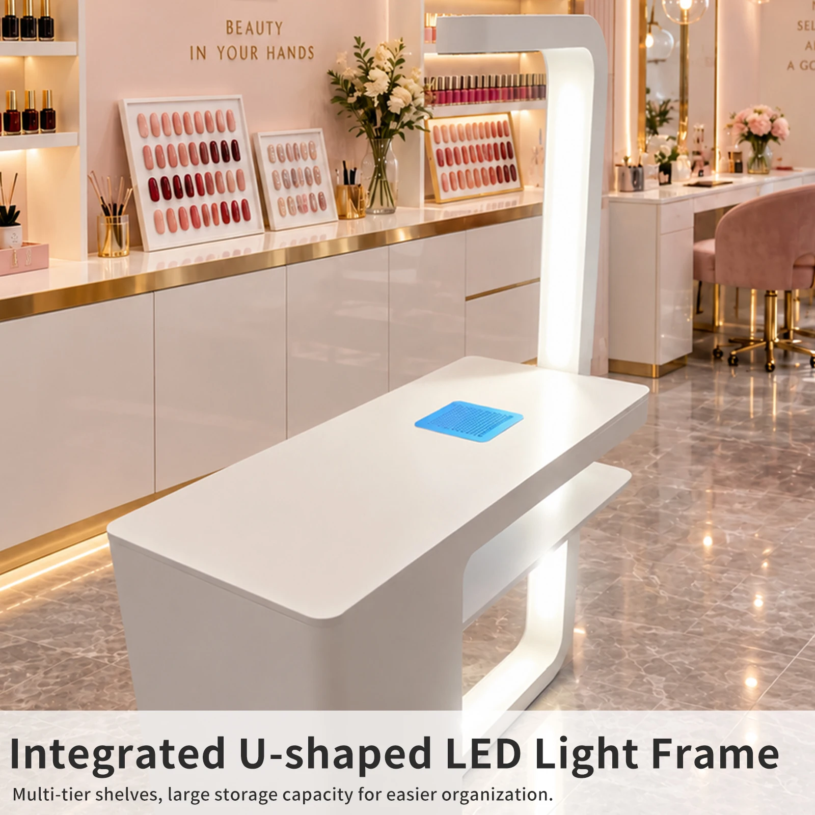 Nail Table with LED Light & Storage,Manicure Desk Set with Nail Chair, White Gold Nail Salon Station for Nail Tech, Modern Style