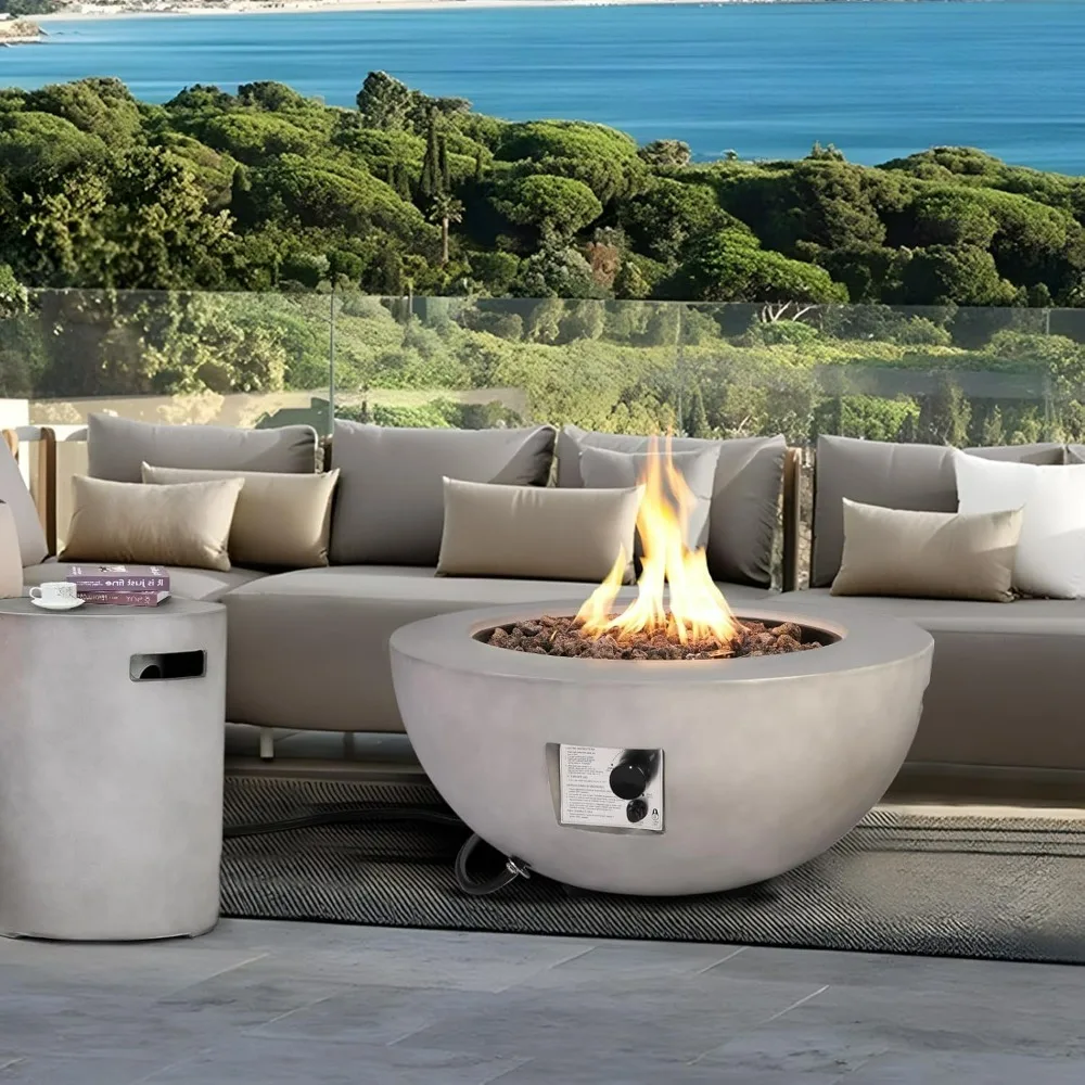 

31.5 Inch Outdoor Propane Fire Pit Coffee Table Gas Firepit 2-Piece 50,000 BTU Gas Concrete Round Burner Tank Cover Fire Table