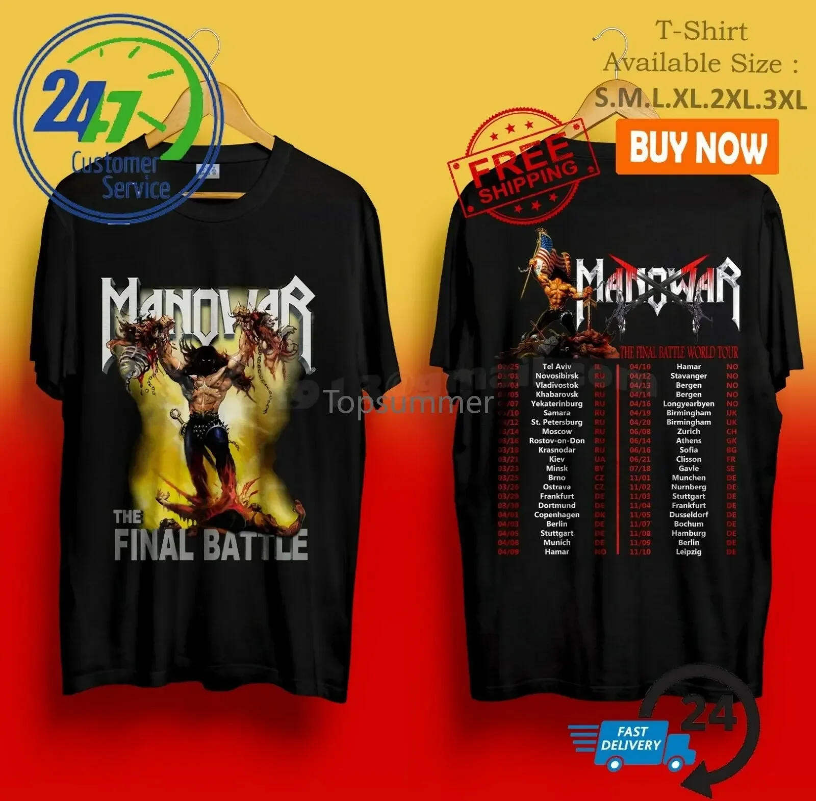 

Manowar The Final Battle Tour Usa Tour 2024 Black T-Shirt Size S 3Xl