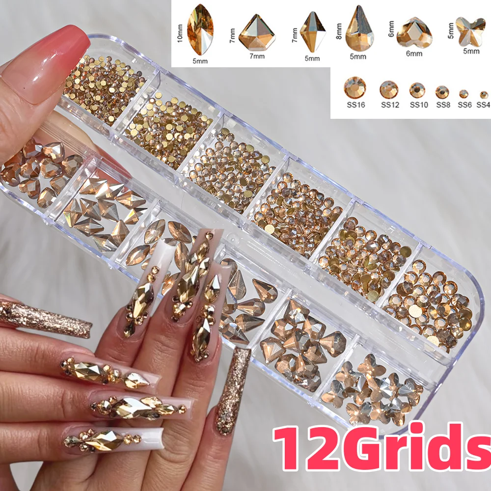 12 griglie 3D Champagne Gold Nail Art Strass a forma mista Flatback Diamanti in vetro Unghie Charms Artigianato fai da te Decorazioni per manicure