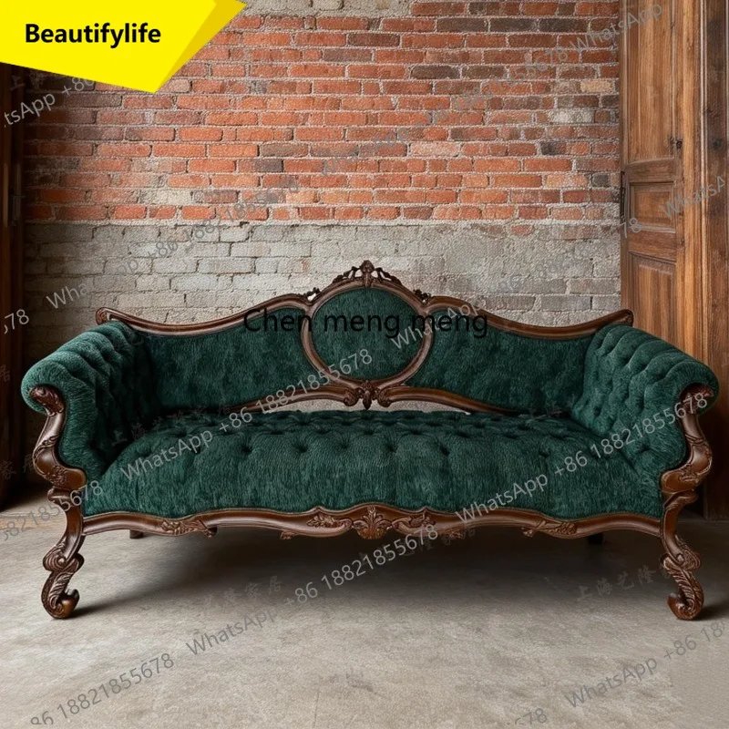 

Французский диван 02M в стиле ретро, из массива дерева, трехместный, с резьбой и тканевой обивкой, для гостиной.