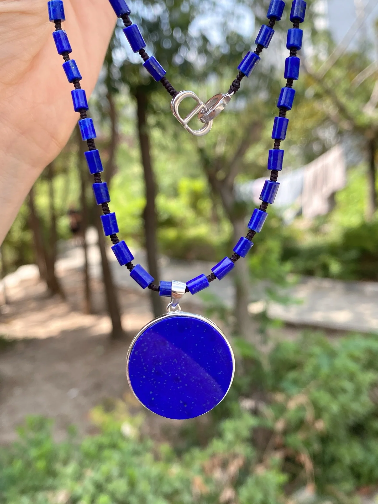 

Natural Blue Lapis Lazuli Rectangle Pendant Necklace 24.6x3mm Round Carved Women Men 5mm Beads Jewelry Gemstone AAAAAA