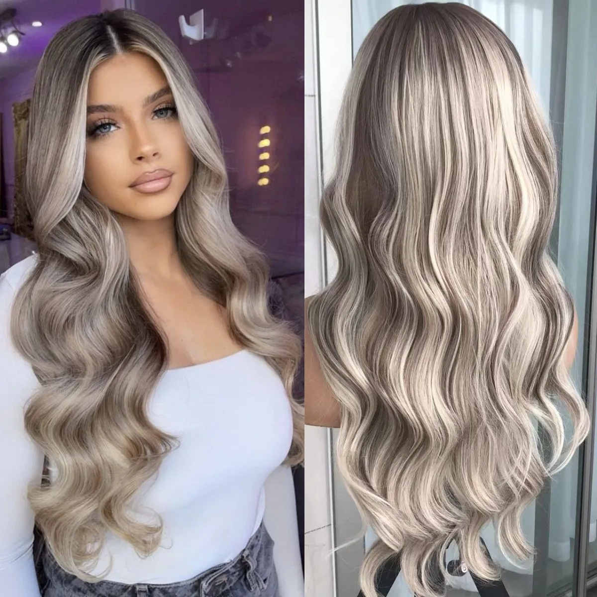 Körperwelle Lace Front Perücke Highlight Aschblonde Lace Frontal Synthetische Perücken Vorgezupfte lange gewellte synthetische Spitzenperücke für Frauen