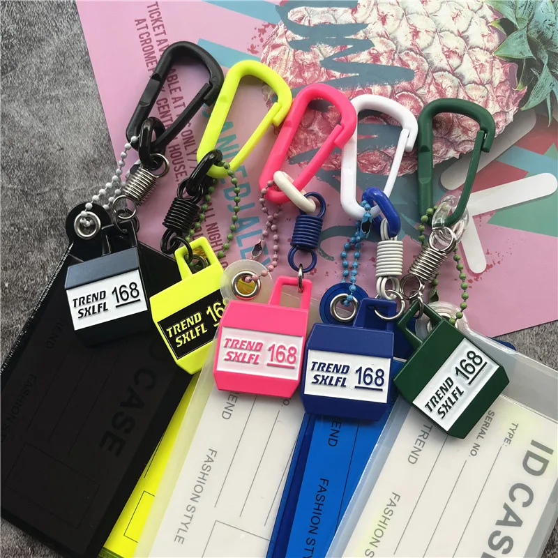 Credential Holder Plastic Carabiner Keycord Metal Pendant Fluorescent Color Key Chain with Card Holder Lanyard Accessories