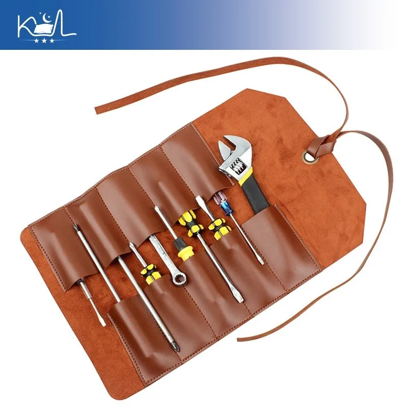 

Leather Tool Roll Bag - Heavy Duty Multi-compartment Organizer for Wrenches & Screwdrivers, Portable Electrician Carpenter Kit