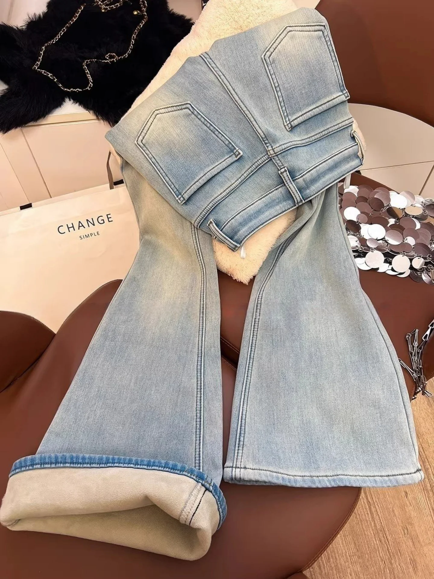 

Slim Fit Fleece Lined Retro Bell Bottom Jeans Women's High Waist Warm Slimming Capri Pants Casual Denim Jeans Bootcut Trousers