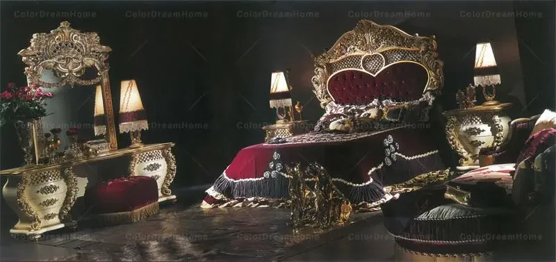 Coiffeuse Baroque Dorée avec Miroir et Tiroirs, Meuble pour Chambre à Coucher