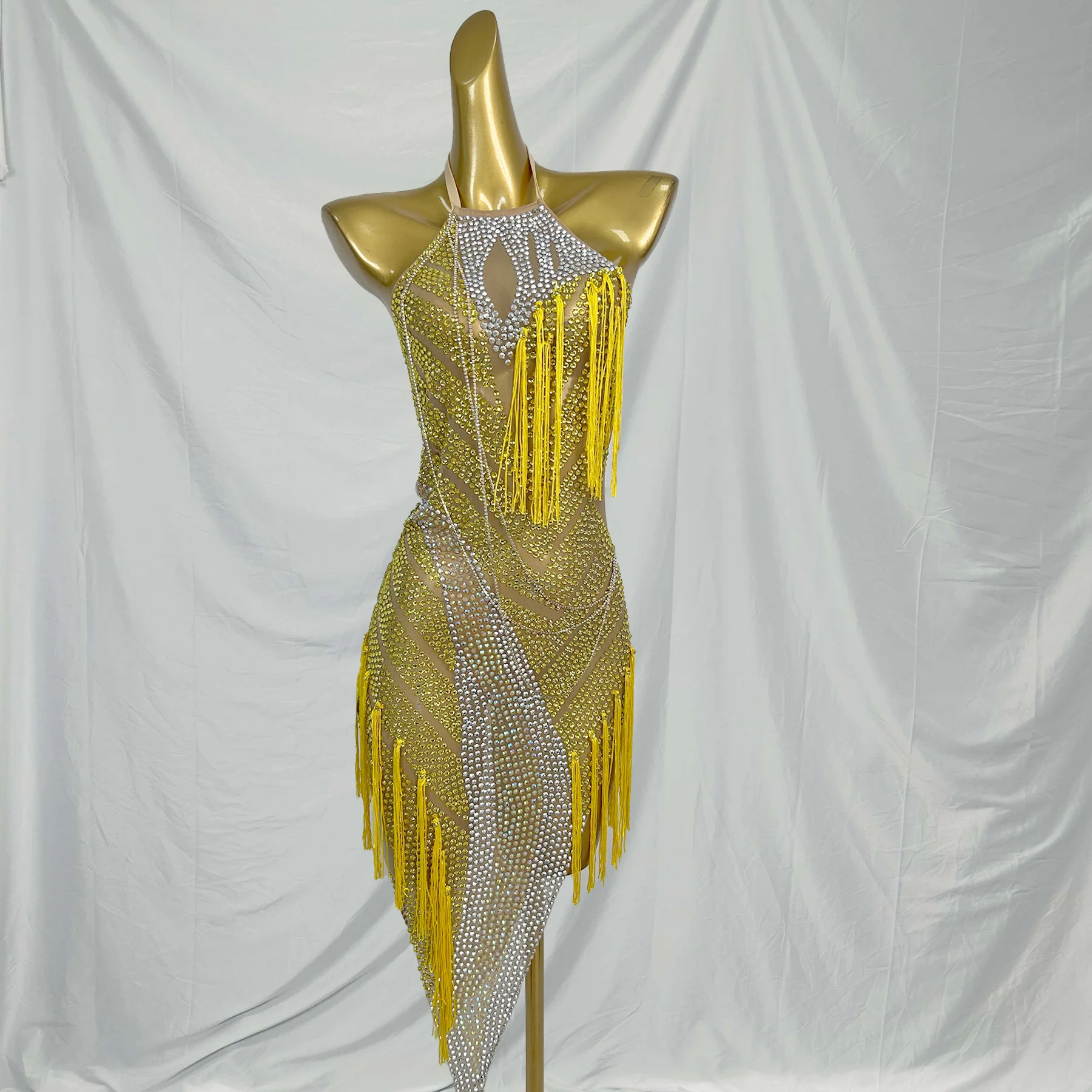 

Fashion Tassel Rhinestone Birthday Cocktail Dress Women Backless Club Party Latin Dance Dress Festival Clothing Dinner Prom Gown