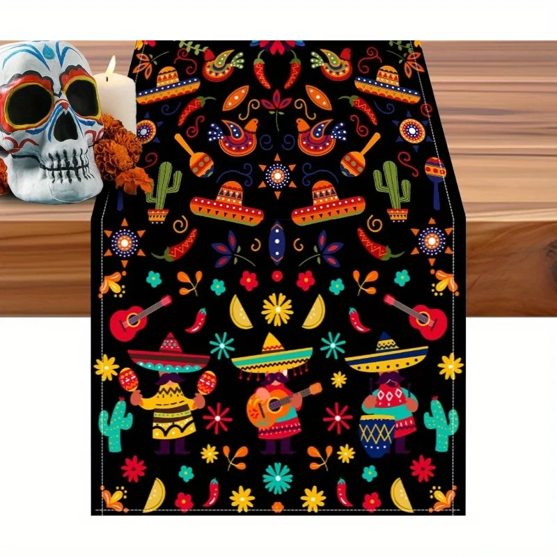 Mexican Day of The Dead Cactus Sombreros Table Runner Party Decor Reusable Kitchen Dining Table Runner Day of The Dead Decor