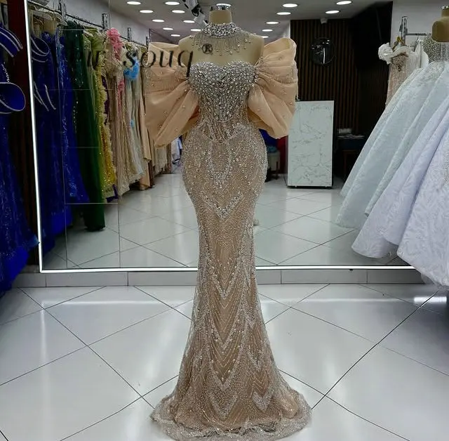 Suknie wieczorowe 2026 Champagne z odkrytymi ramionami, długie, formalne, syrenka, na przyjęcia, z możliwością personalizacji, z kryształami, dla gości weselnych, odzież na imprezy, Abiye