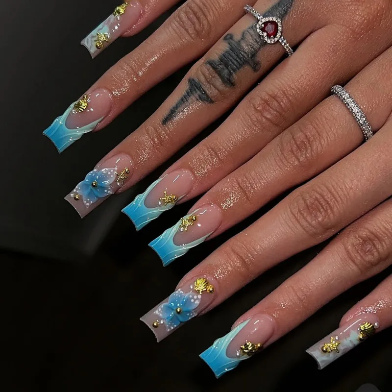 

24Pcs Long Coffin False Nails with Blue Flower Design Reusable French Press on Nails 3D Square Head Full Cover Fake Nail Tips