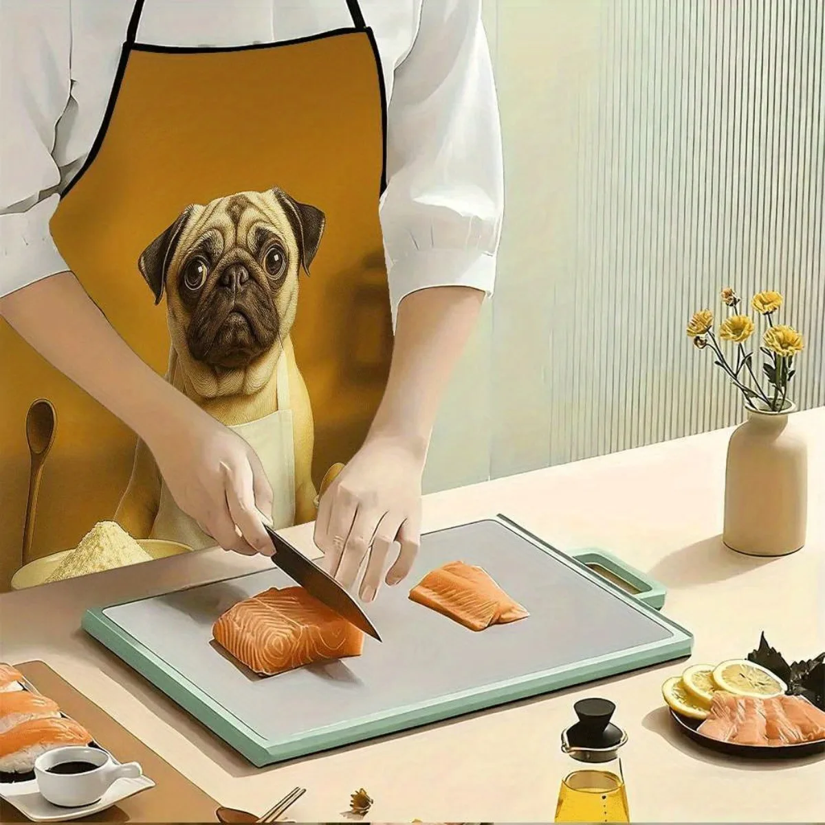 Funny Pug Chef Apron, Cute Dog Baking with Eggs Flour Art, Pet Lover Kitchen Decor, Gift for Dog Mom Dad, Washable Bib
