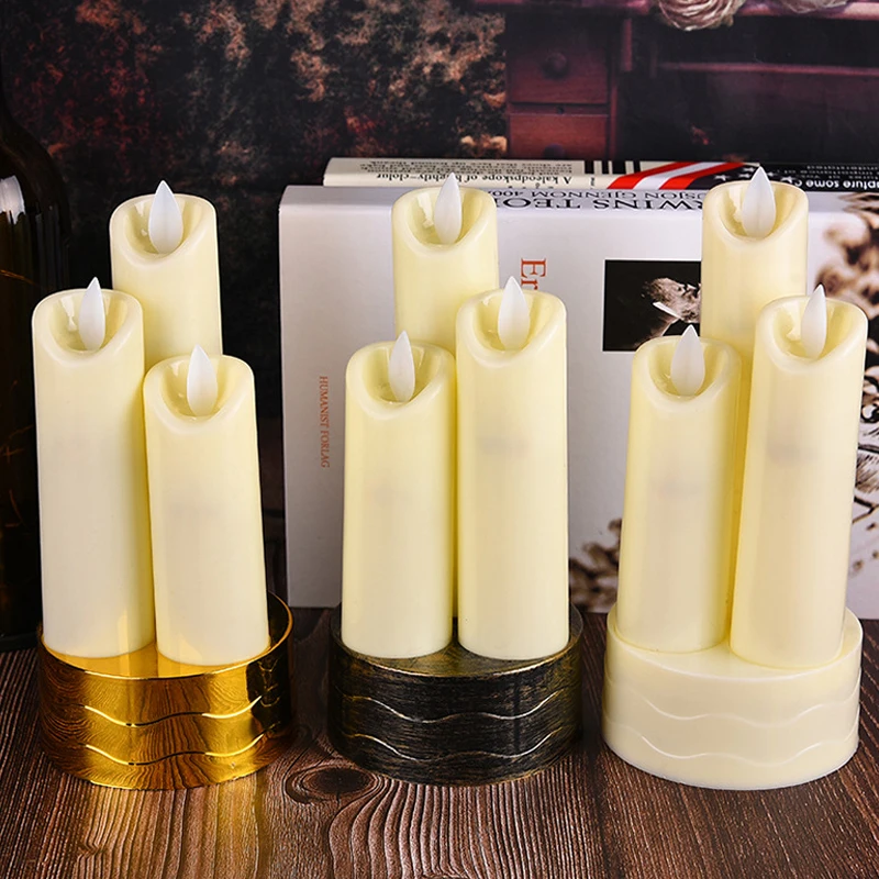 3in1 Flameless Taper Candle Battery Operated Fireplace Ambient Light 18cm Yellow LED Pillar Flickering Wax for Christmas Party