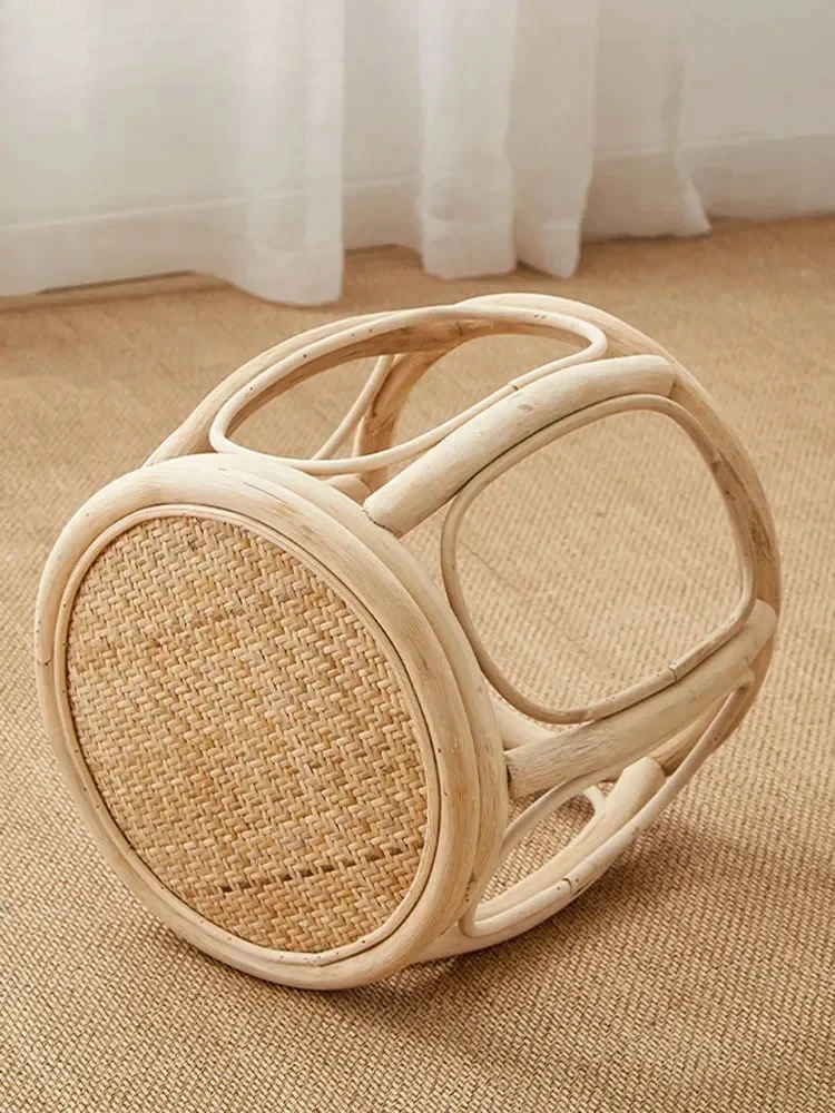 Furniture Rattan Woven Round Stool Mobile Living Room Entrance Changing Shoes Bench Creative Plant Vine Drum Stools
