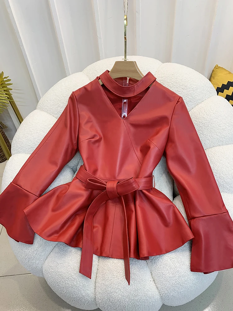 2024 Spring New Real Leather Jacket Women Genuine Sheepskin Leather Tops Pullover Waist Belt Red Leather Coat Flared Sleeves