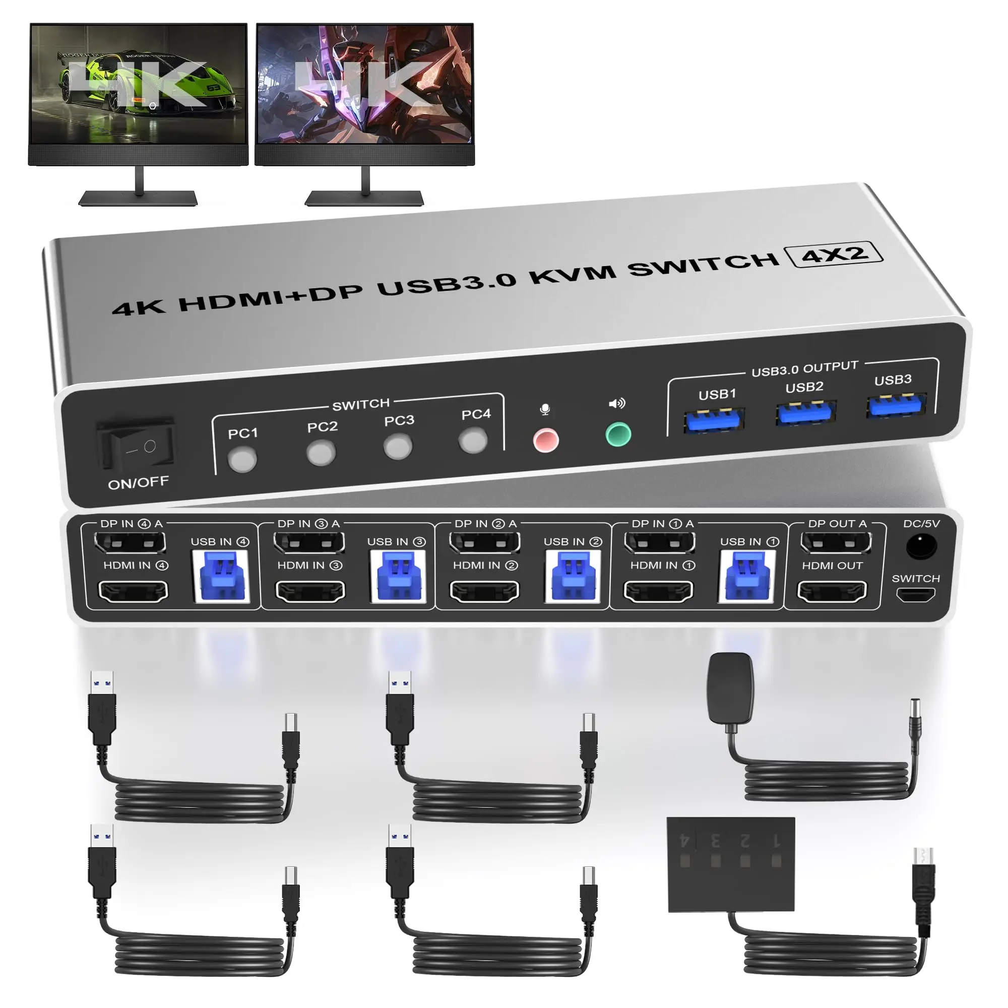 4K@60Hz USB 3.0 Displayport+HDMI KVM Switch 2 Monitors 4 Computers, 4 Port Dual Monitor HDMI+DP Monitor Switch for 4 PC