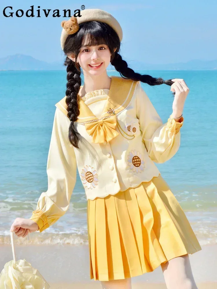 College Style JK Uniform Suit Japanese Sweet Cute Spring Autumn Student Kawaii Long-sleeved Sailor Suit Top Skirt Two-piece Set