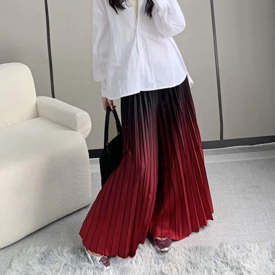 Pleats Pleated Wide Leg Pants Draped Gradient Color Casual Pants Women 2024 New Long Skirt Casual High Waist Rainbow Pants