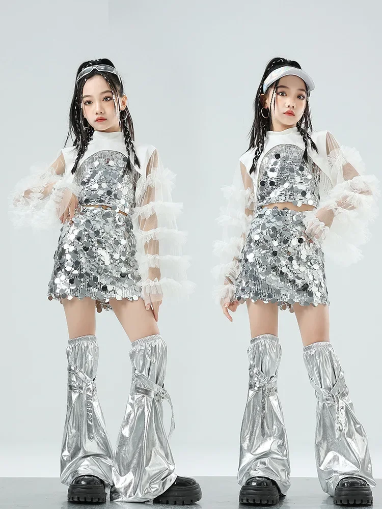 

Silver Mirror Jazz Dance Costume Girls Cheerleading Outfit Kpop Clothing Children Runway Show Clothes Hip Hop Dancewear