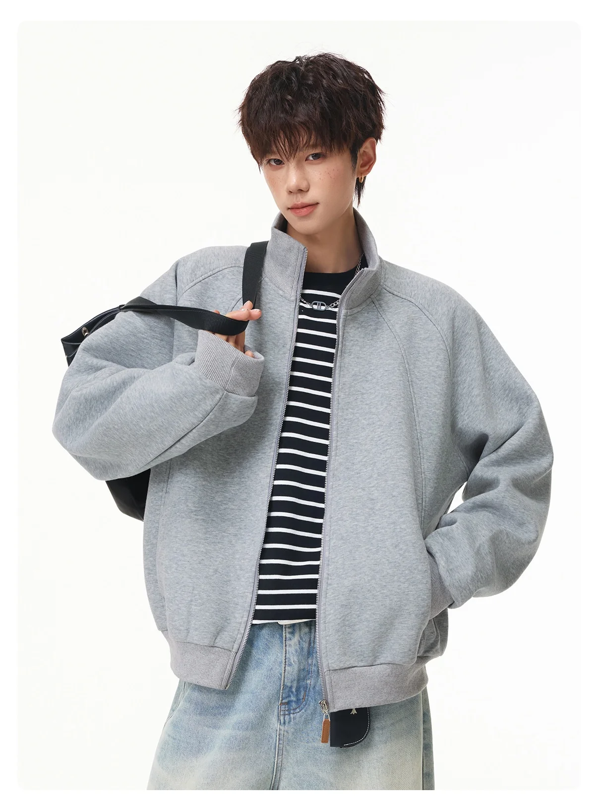 Patchwork Heavyweight Cardigan, Stand-Up Collar Sweatshirt Men Solid Loose-Fit Sports Casual Jacket Soft Durable