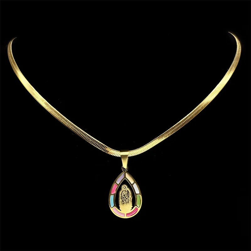 Virgin Mary Pray Necklace for Women Men Stainless Steel Enamel Gold Color Water Droplets Shape Guadalupe Chain Jewelry