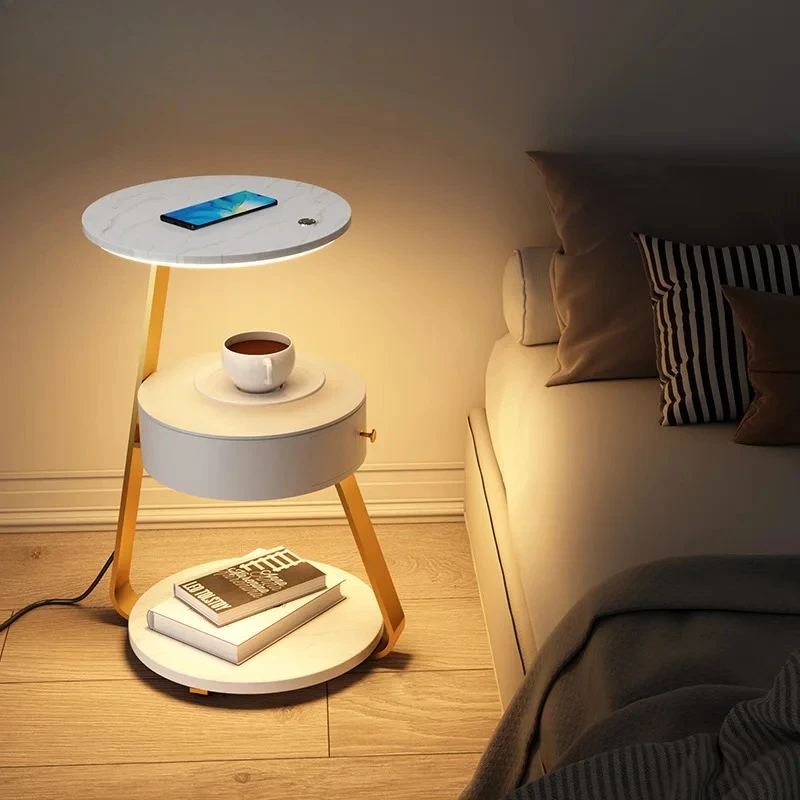 Modern Wood Metal Marble Wireless Charging Bedroom Led Night Light Living Room Shelf Coffee Table Bedside Floor Lamp