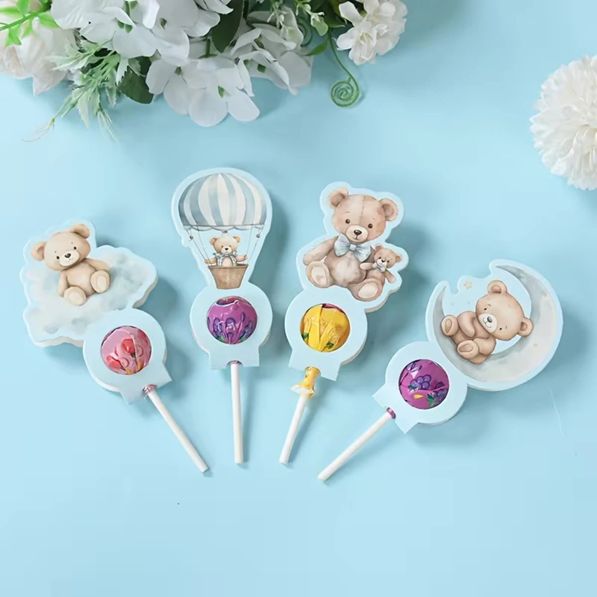 24 Stück Niedliche Teddybär-Lollipop-Dekorationskarten Blaues Bären-Thema Lollipop-Verpackungen für Gender-Reveal-Party Lollipop-Dekorationskarten