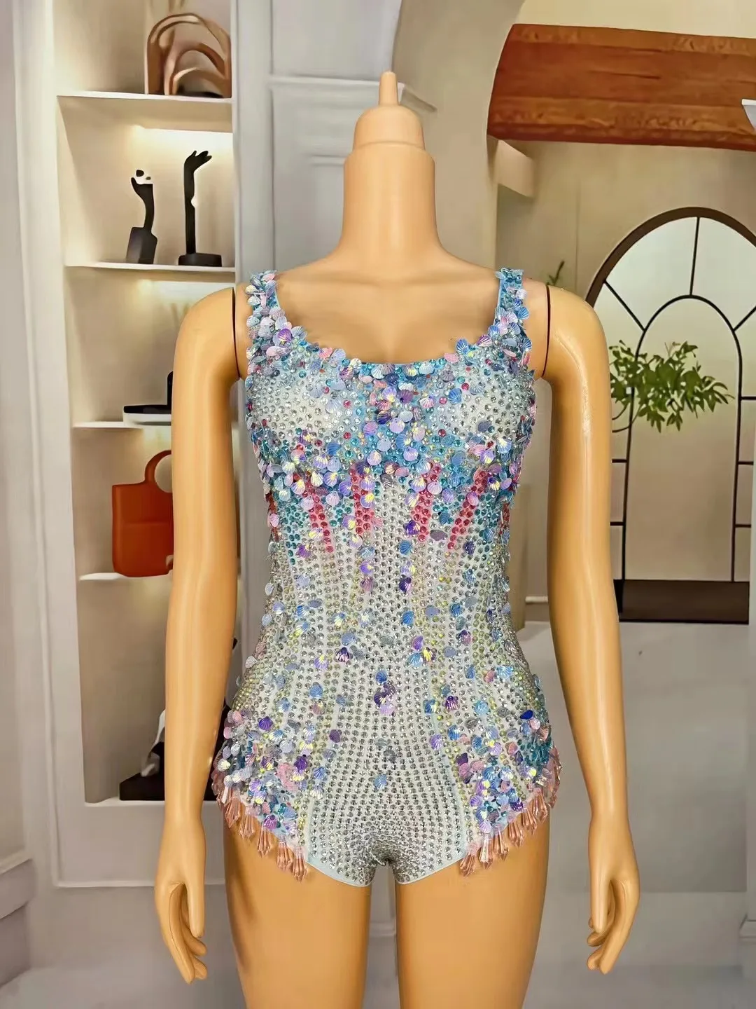 Blue Rhinestones Sequins Designed Leotard Evening Birthday Celebrate Bodysuit Costume Performance Dance Sexy Crystals Outfit