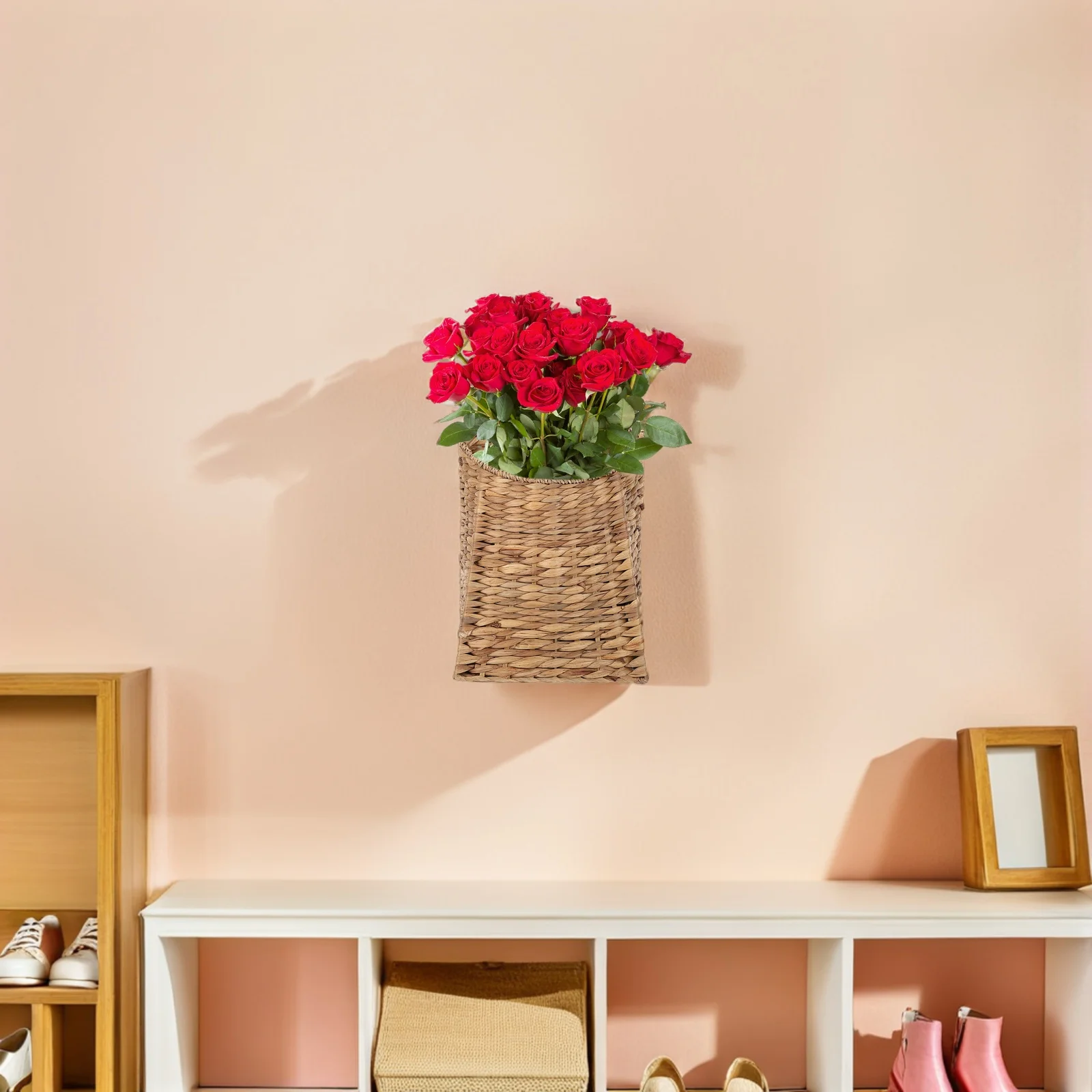 

Rattan Hanging Basket 14.5 X 9.8 X 4.5 in Wall Mounted Flower Basket Bohemian Style Woven Plant Holder for Indoor Outdoor Garden