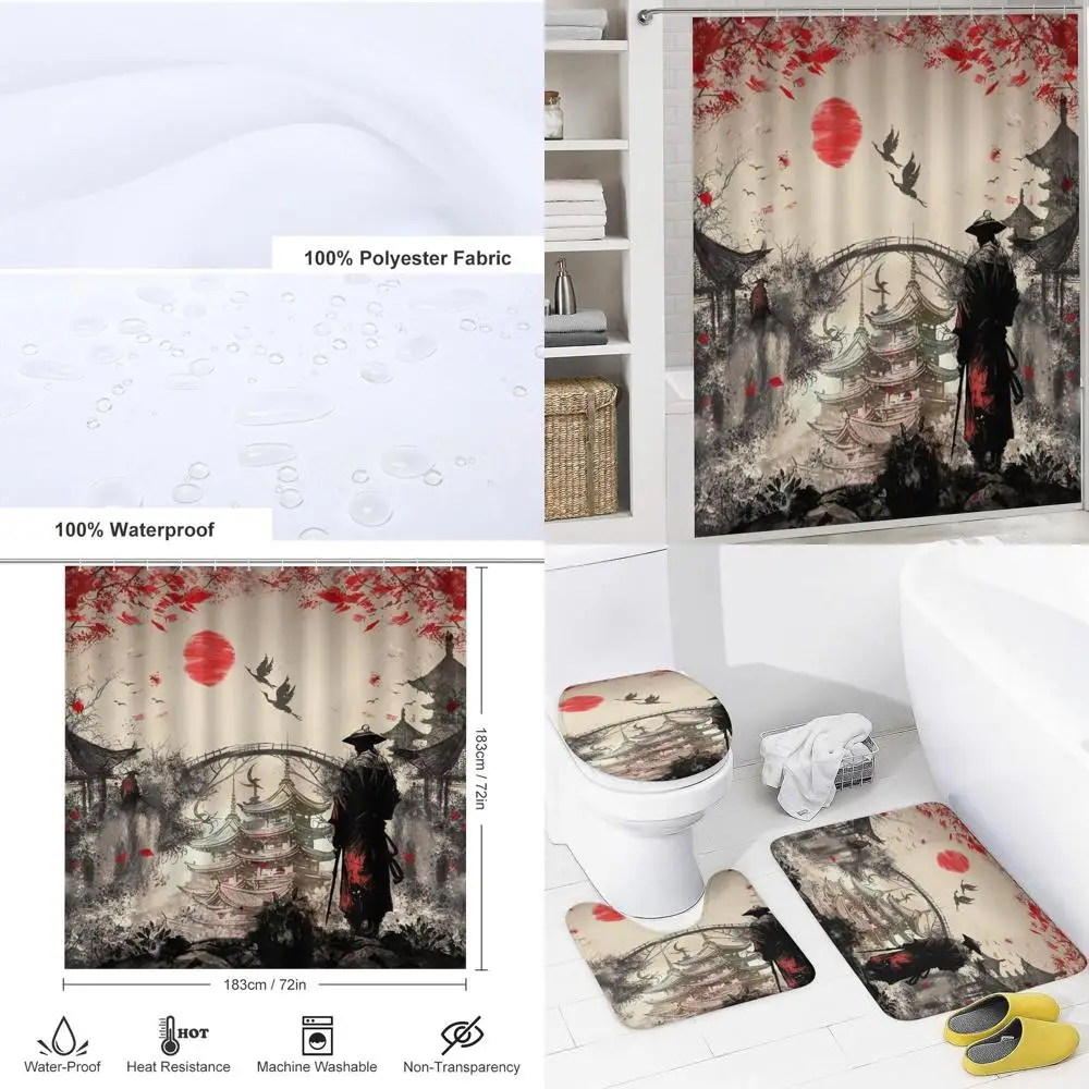 

Vintage Japanese-Style Shower Curtain Set: Watercolor Samurai, Blossoms, Cranes, and Sun with Non-Slip Mats and Toilet Lid Cover