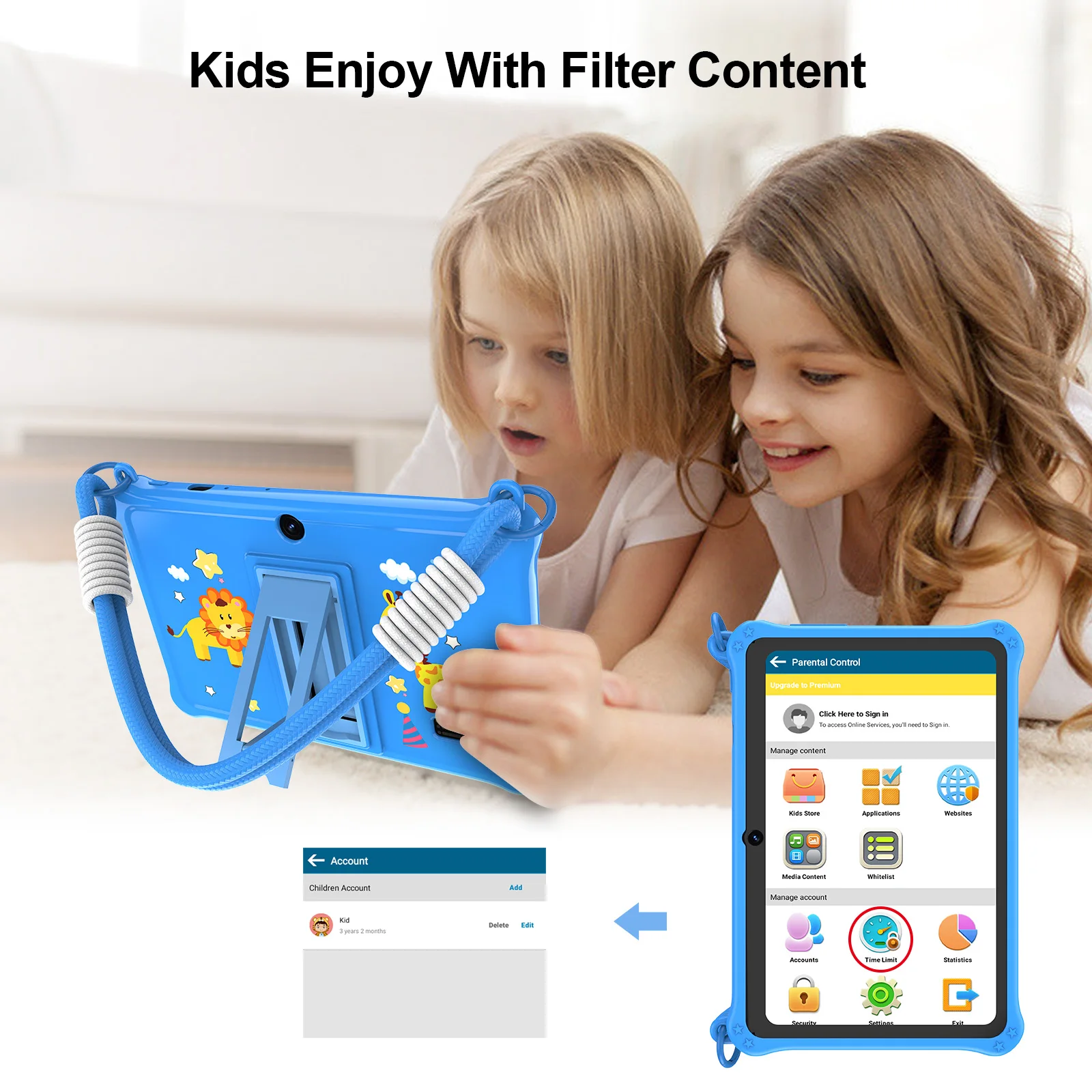 تابلت PRITOM Kids 7 بوصة Android 13 4GB (2+2 VIRTUAL) RAM 32GB ROM WiFi Bluetooth برنامج الأطفال المثبت مع الحبل